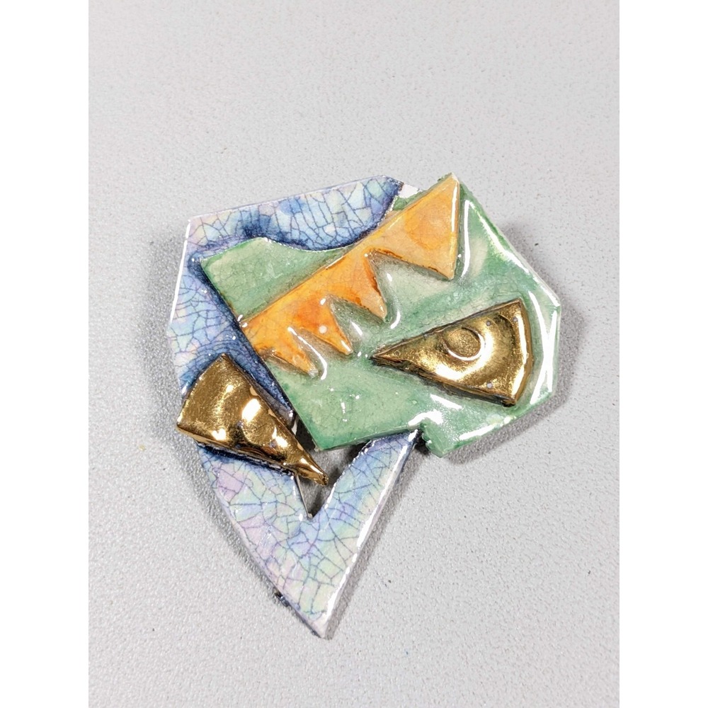 Blue‎ Green Gold Tone Abstract Ceramic Pin Brooch Artisan